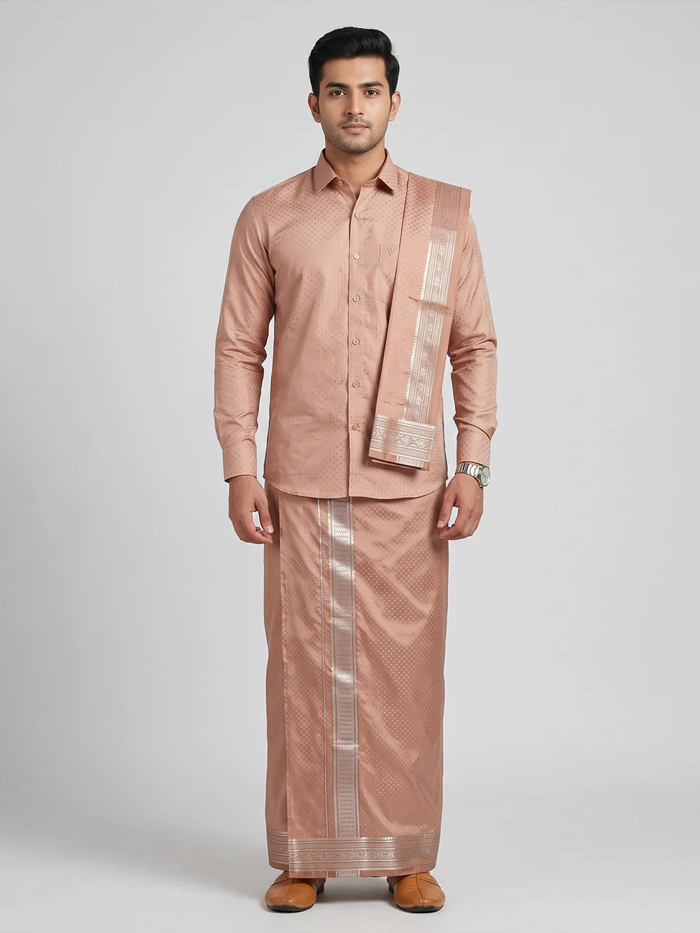 Men Art Silk Jacquard Design Shirt Dhoti & Towel Set Copper Tone Swayamvara Grand CTJD1